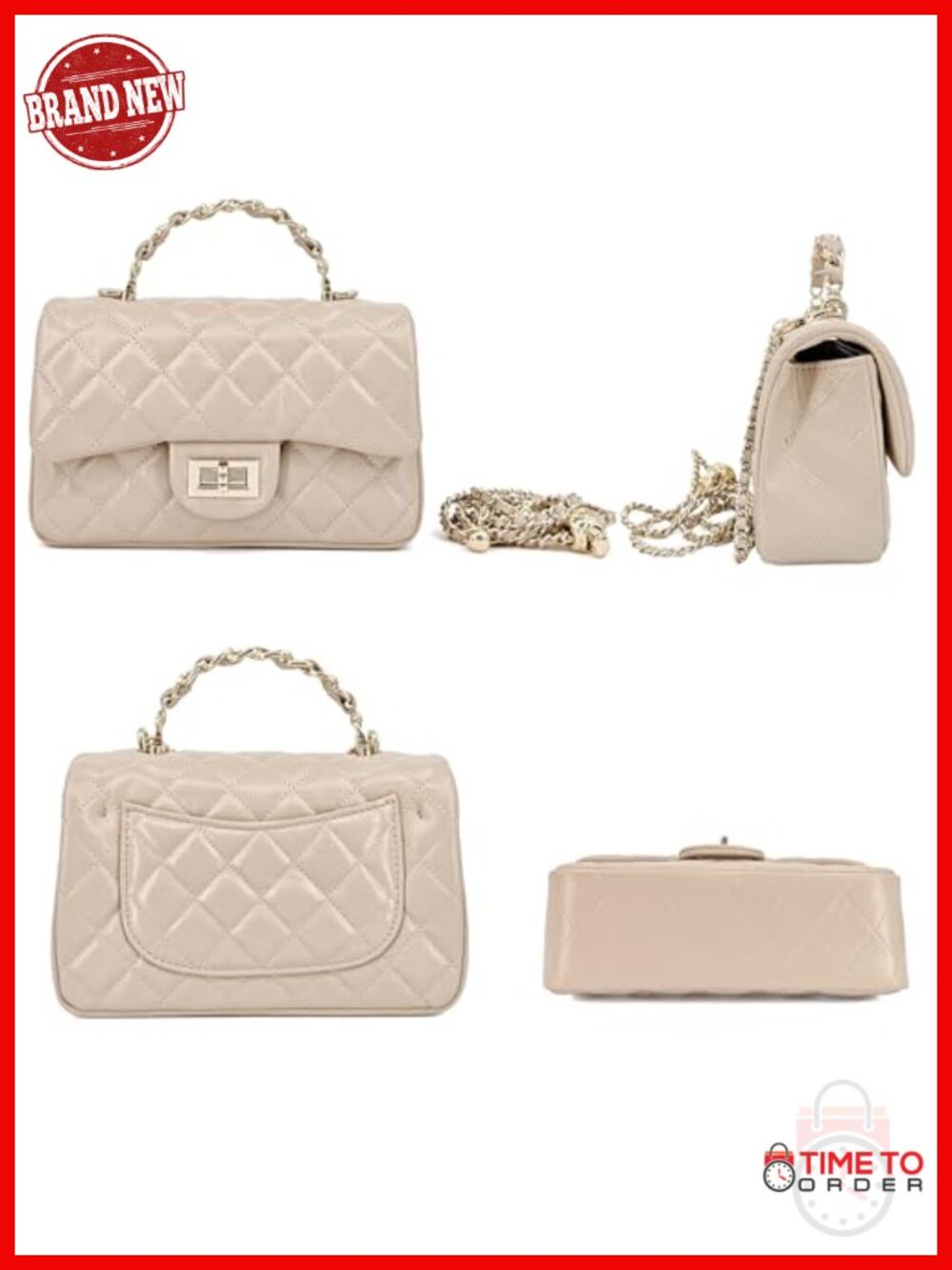 Small Quilted Crossbody Bag with Gold Chain Strap, Leather Shoulder Purse - Picture 3 of 6